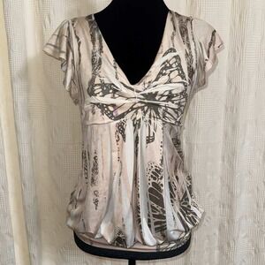 Vintage Blue Asphalt Butterfly Print V-Neck Flutter Sleeve Top Beige Brown M